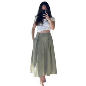 GOÛT DE JUN Green Khaki High Waisted Pleated Midi Skirt Size M